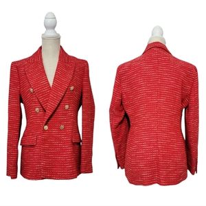 Zara double breasted red tweed blazer gold buttons
